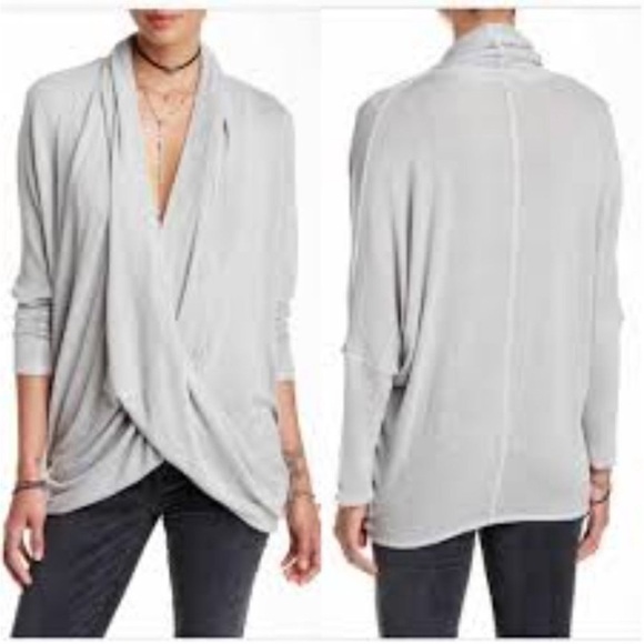 Free People Gray V-Neck Sweater with Wrap-Style Front - Picture 2 of 6